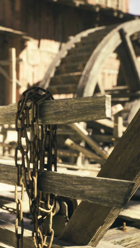 Rustic wooden wheel and chains capture the essence of a bygone era Stock Footage 331803585