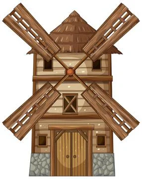 Rustic Wooden Windmill Front View Illustration Illustrazione stock
