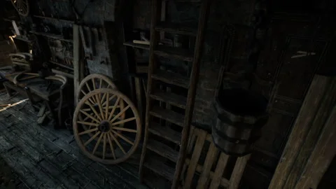 Rustic Workshop Filled With Wooden Tools and Vintage Artifacts in Dim Light Stock Footage 348696109
