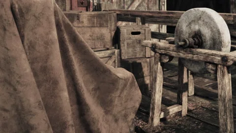 Rustic Workshop Scene With Weathered Tools and Wooden Crates Stock Footage 344527913