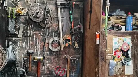 Rustic Workshop With Tools Hanging On Wooden Wall Stock Photos