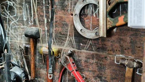 Rustic Workshop With Tools Hanging On Wooden Wall Foto stock