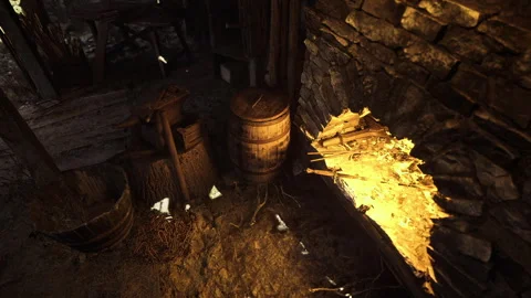 Rustic workspace with burning embers casting shadows on stone wall and barrels Stock Footage 340350102