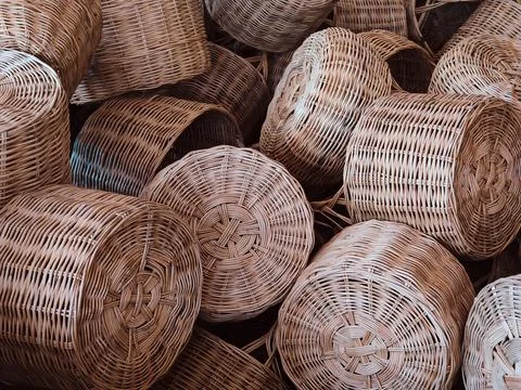 Rustic Woven Baskets Stacked in a Warm Natural Arrangement Stock Photos