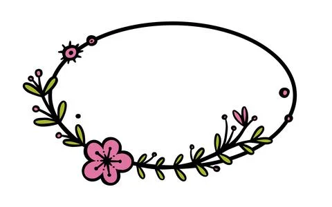 Rustic wreath divider with handdrawn flowers. Oval doodle wreath with colored Illustrazione stock
