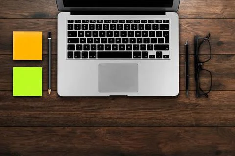 Rustik, worker, wooden table top view, flat. Business items on the table, lap Stock Photos