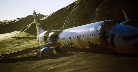 Rusting airplane wreck in a desolate landscape under bright sunlight Stock Illustration