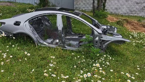 Rusting car body shell abandoned on grassy field, exposing severe damage and Stock-Footage 315357590