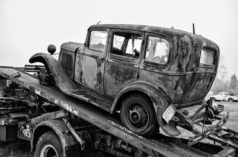 Rusting Jalopy On A Trailer Stock Photos