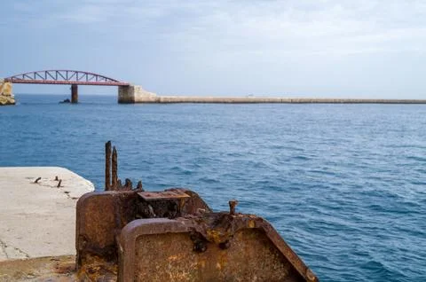 Rusting Relic, Distant Bridge View Stock Photos