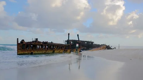 Rusting SS Maheno shipwreck washed ashore of Fraser Island in 1935,QLD,Australia Stock Footage 140519950