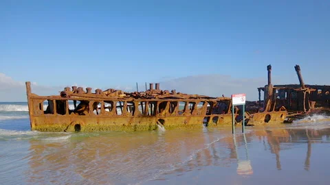 Rusting SS Maheno shipwreck washed ashore of Fraser Island in 1935,QLD,Australia Stock Footage 140520675