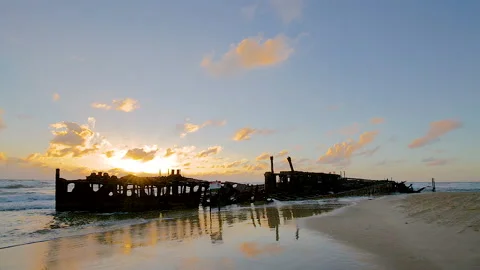 Rusting SS Maheno shipwreck washed ashore of Fraser Island in 1935,QLD,Australia Stock Footage 140591334