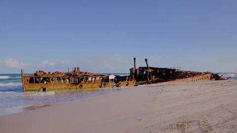 Rusting SS Maheno shipwreck washed ashore of Fraser Island in 1935,QLD,Australia Stock Footage 140591433