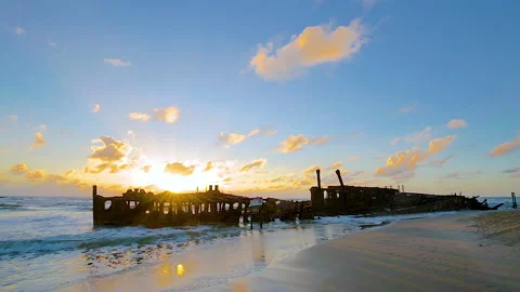 Rusting SS Maheno shipwreck washed ashore of Fraser Island in 1935,QLD,Australia Stock Footage 140592426
