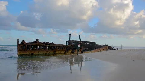 Rusting SS Maheno shipwreck washed ashore of Fraser Island in 1935,QLD,Australia Stock Footage 140594954