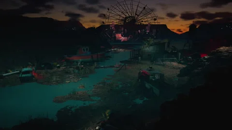 Rusting vehicles and old structures in a desolate desert landscape at sunset Video stock 318321605