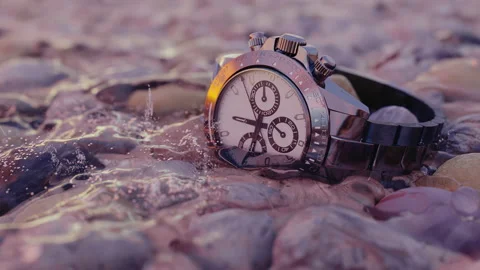 Rusting Wristwatch Timelapse in Ocean Waves at Sunset CGI Animation Stock Footage 202133456