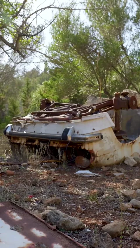 Rusty abandoned car flipping on its roof in the woods Stock-Footage 294963801
