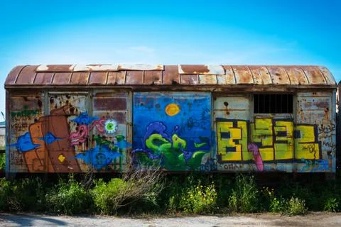 Rusty abandoned Train Trailer Graffiti Art Stock Photos