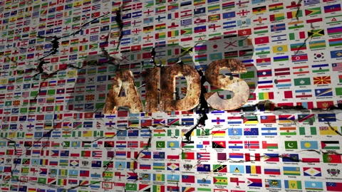 Rusty AIDS Letters Cracking Through A Wall Of World Flags Symbolizing Globa.. Stock Footage 331041948