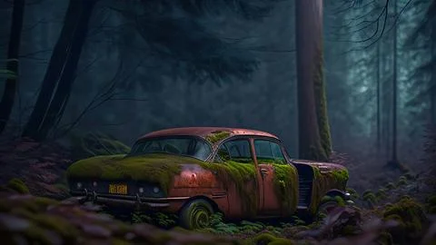 Rusty Ancient Car Covered with Moss Lost in the Forest Illustrazione stock