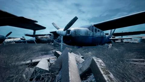 Rusty and broken planes stand in a field against a hazy blue sky. A lot of Stock Illustration