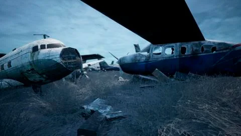 Rusty and broken planes stand in a field against a hazy blue sky. A lot of Stock Illustration