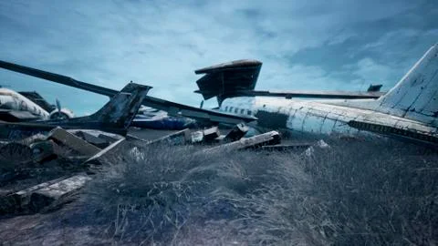 Rusty and broken planes stand in a field against a hazy blue sky. A lot of Stock Illustration