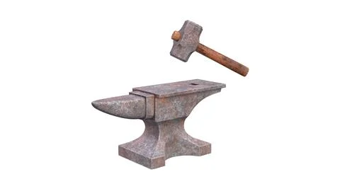 Rusty anvil and hammer isolated on white background. 3d render illustration 스톡 일러스트