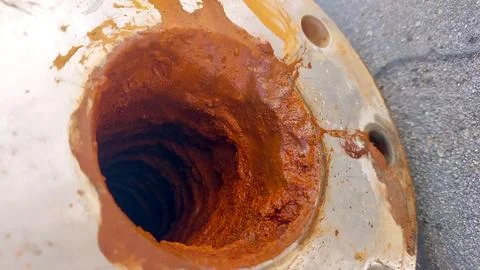Rusty Artesian Well Pipe Showing Clay Deposits at a Natural Water Source Stock Photos