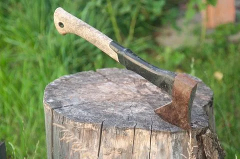 Rusty axe stuck in a wooden tree stump in a garden Stock Photos