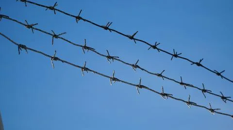Rusty barbed wire against a cloudy sky. Serving a sentence behind barbed wire Stock Photos