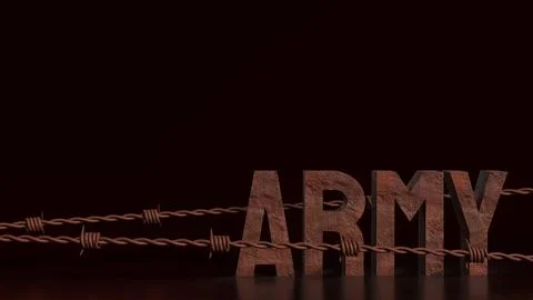The Rusty barbed wire and army text image 3d Rendering. Stock Illustration