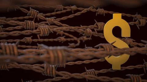 The Rusty barbed wire and gold dollar  for Business concept 3d Rendering.. Stock Illustration