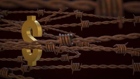 The Rusty barbed wire and gold dollar  for Business concept 3d Rendering.. イラスト素材