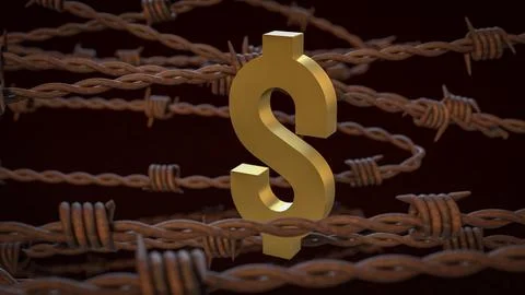 The Rusty barbed wire and gold dollar  for Business concept 3d Rendering.. Stock Illustration