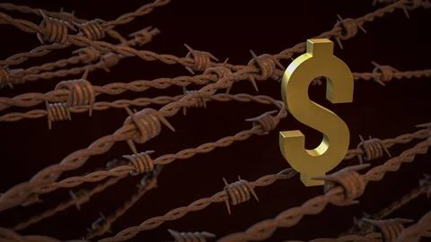 The Rusty barbed wire and gold dollar  for Business concept 3d Rendering.. Stock Illustration