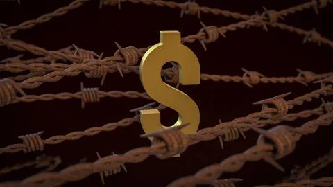 The Rusty barbed wire and gold dollar  for Business concept 3d Rendering.. Stock Illustration