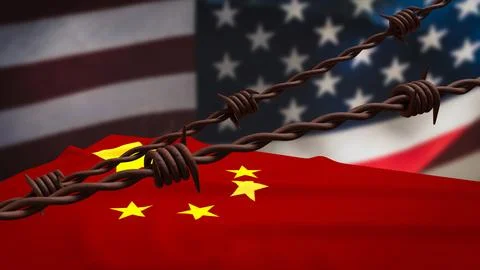 The rusty barbed wire and usa and china flag Background for Business concep.. Stock Illustration