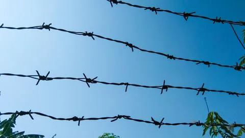 Rusty barbed wire on blue sky background Stock Photos