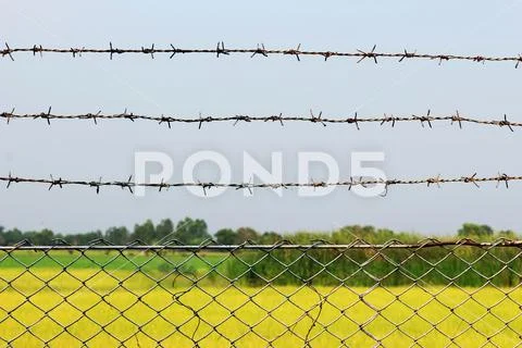 Rusty barbed wire detention center at countryside style Stock Photos