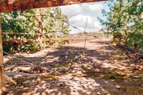 Rusty barbed wire with an idyllic defocused landscape behind it Foto stock