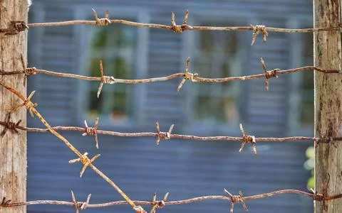 Rusty barbed wires stretched between wooden fence posts with country house on Foto stock