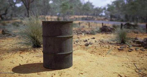 Rusty barrel standing alone in an arid landscape during daylight hours Stock Illustration