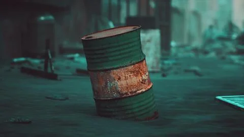 A rusty barrel stands alone in an abandoned urban area during dusk Ilustración de archivo