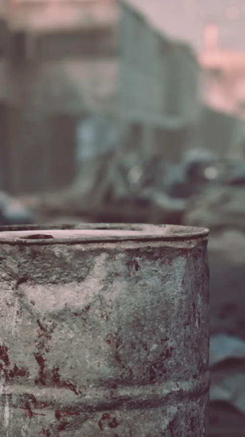 Rusty barrel stands in empty alley as city background fades away Stock Footage 339043199