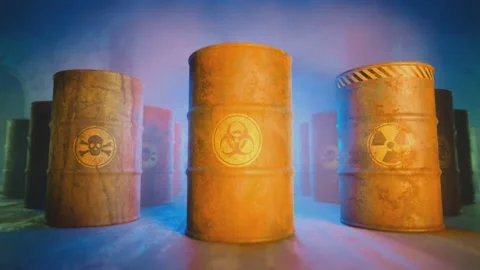 Rusty barrels containing radioactive, toxic and biohazard materials lit by Stock Footage 199086711