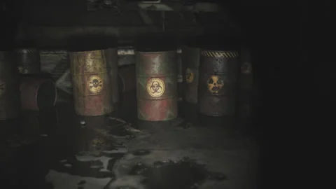 Rusty barrels containing radioactive, toxic and biohazard materials in some kind Stock Footage 199086802