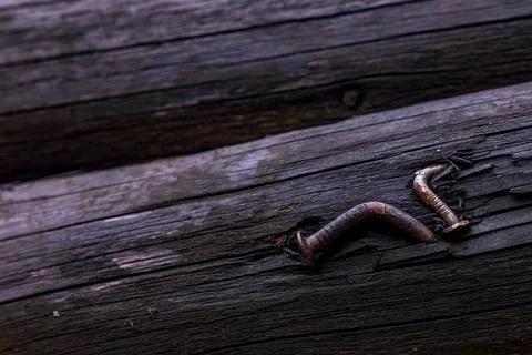 Rusty Bent Nails Embedded in Weathered Wooden Planks Close-Up Stock-Fotos